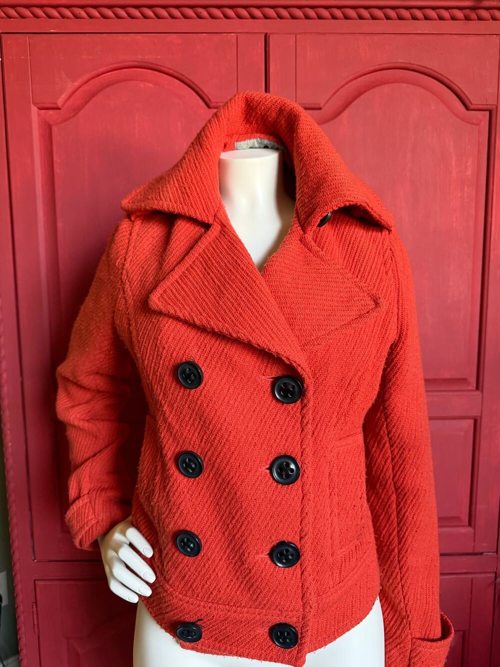 Daytrip Women's Medium Rust Orange Hooded Double Breasted Coat Statement Jacket
